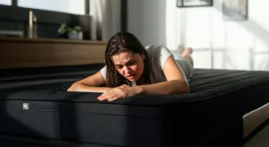 Woman lying face down on mattress looking distressed