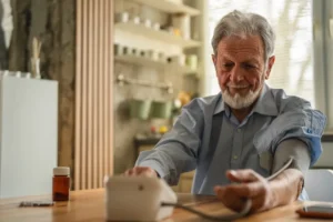 Older adult at home reviewing healthy aging and wellness support resources